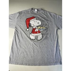 Peanuts Tag Snoopy Santa Cap Plate Cookies Gray Comics Graphic T-Shirt Sz XL Vtg